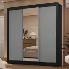 Guarda Roupa Casal Sublime 3 Portas de Correr 2 Gavetas MDP com Espelho Preto-cinza Madesa
