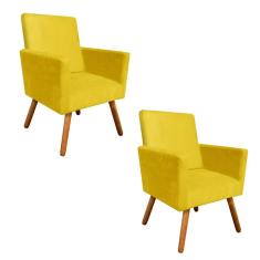 Kit 02 Poltronas Decorativa Beatriz Pés Madeira Suede Amarelo
