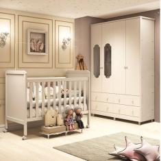 Quarto de Bebê Completo Guarda Roupa com Janelas e Berço Mini Cama 100% MDF Mateo Espresso Móveis Branco
