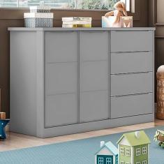 Cômoda Infantil 2 Portas 4 Gavetas 3 Nichos com Cabideiro Pérola Phoenix Baby Cinza