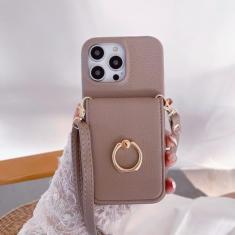 Capa de telefone com suporte de anel para iPhone 15 14 Plus 13 12 11 Pro Max Bolsa de bolso Suporte para cartão de crédito Crossbody Lanyard Capa de couro, camelo, para iPhone 15