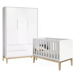 Jogo De Quarto Classic Guarda Roupa 3 Portas E Berço Branco Fosco Com Pés Madeira Natural - Reller Móveis Branco Fosco