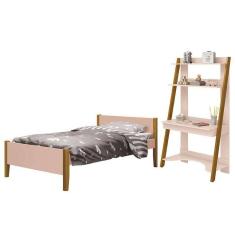 Jogo De Quarto Infantil Simba Estante Escrivaninha E Cama Rosa Fosco Com Pés Amadeirado - Reller Móveis Rosa Fosco