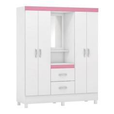 Guarda Roupa Capelinha Lord 4 Portas Flex Branco/Rosa com Espelho - De