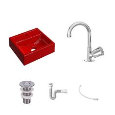 Kit Cuba Q32 C/Torneira C50 e Válvula 1'' ABS + Sifão Pvc + Flexível Vermelho