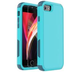 droperprote Capa para iPhone SE 2022/2020/7/8 com protetor de tela 3 em 1 resistente a choque, azul, antiderrapante, airbags ranhurados