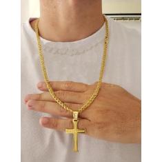 Cordão Banhado A Ouro 18K Friso Duplo 5Mm Com Pingente Cruz - Mk Jóias