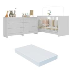 Berço 3 em 1 com Colchão Incluso e Cômoda Framboesa Multimóveis Mp4296 Branco