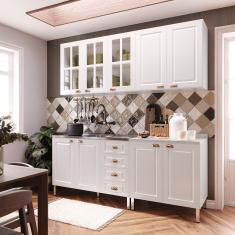 Armário De Cozinha Compacta 4 Peças Com Vidro Janelinha Cristal Luciane Móveis Branco Polar Com Branco Pet E Marmore