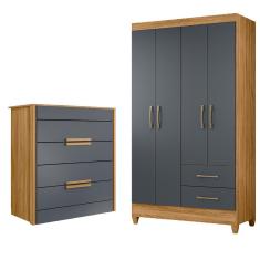Kit Guarda Roupa Solteiro Chile 4 Portas de Bater 2 Gavetas MDP Freijó-Cinza e Cômoda Dhara