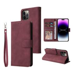 Capa de telefone carteira de couro para iPhone 15 Pro Max 14 13 Mini 12 11 XS XR X SE 2022 8 7 6 6s Plus Flip Card Slot Holder Cover, vinho tinto, para iPhone 13 Pro Max