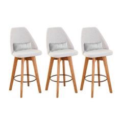 Kit 03 Banquetas Linho Bege E Almofada Suede Branco