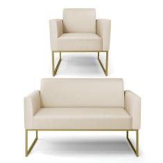 Sofá Namoradeira Com Poltrona Base Industrial Dourado Marisa Corino Bege D03 - D`rossi