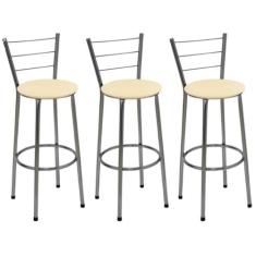 Kit 3 Banquetas Altas Cromada com Encosto Assento Bege - Jaddi