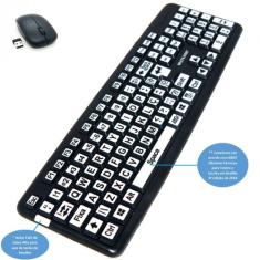 Teclado Mouse sem Fio Ampliado Adaptado Braille Alto Contraste com Tec
