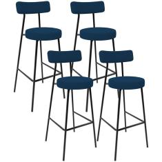 Kit 04 Banquetas Baixa Bar Cozinha Sala De Jantar Estrutura Em Aço Milão L02 Suede Azul Marinho
