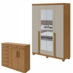 Conjunto de Guarda-roupa Alonzo com Espelho e Pés e Cômoda Toronto - M