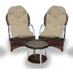 Conjunto de Poltronas Fibra Sintética Paris Alumínio 2 Poltronas + 1 Mesa Centro Tecido Duna Deserto