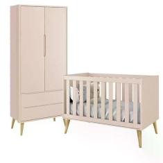 Jogo De Quarto Infantil Theo Guarda Roupa 2 Portas E Berço Rosa Fosco Com Pés Madeira Natural - Reller Móveis Rosa Fosco