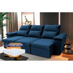 Sofá Retrátil Reclinável Paris 2.30m Suede Velut Azul Molas Ensacadas - King House