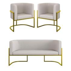 Kit 2 Poltronas + Sofá 2 Lugares Base De Metal Gold Corino Bege