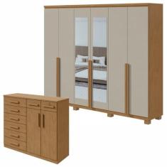 Conjunto de Guarda-roupa Alonzo com Espelho e Pés e com Cômoda Toronto