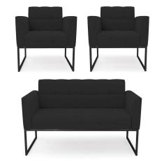 Kit 1 Sofá Namoradeira E 2 Poltronas Elisa Veludo Preto Base Metálica Industrial Preto - D`rossi