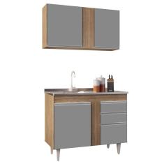 Armário Aéreo Indiana E Balcão Gabinete 100cm Com Pia Inox Luziania Castanho-cinza - Lumil