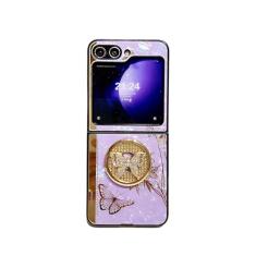 Capa ultrafina de TPU com estampa de glitter para Samsung Galaxy, decoração de borboleta brilhante com strass para Samsung Galaxy Z Flip6, suporte de anel de suporte de dedo de strass para mulheres