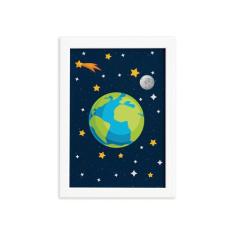 Quadro Decorativo Infantil Sistema Solar Terra 22x32cm Moldura Branca 