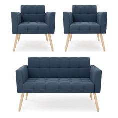 Kit 1 Sofá Namoradeira E 2 Poltronas Elisa Suede Azul Marinho Pés Pali