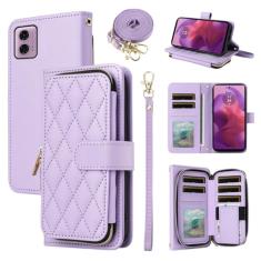 Furiet Argyle Capa carteira para Motorola G24 com alça de ombro, 9+ compartimentos para cartões, bolsa com zíper, capa de celular xadrez xadrez de luxo de couro PU para Moto G24 mulheres meninas roxo