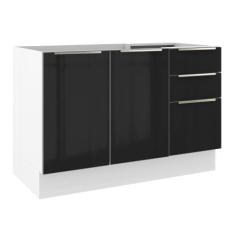 Balcão Gabinete de Pia 120cm 2 Portas 3 Gavetas Branco Preto - MADESA