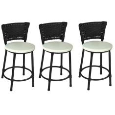 Kit 3 Banquetas Baixas Preta com Encosto Junco Preto Assento Branco