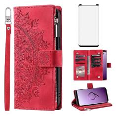 Asuwish Capa de telefone para Samsung Galaxy S9 capa carteira com protetor de tela de vidro temperado e alça de pulso Mandala flor couro flip zíper suporte para cartão celular S 9 Edge 9S GS9 mulheres