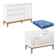 Berço Americano Unique e Cômoda com Porta Nature Clean Branco Soft Eco Wood com Colchão Ortobom – Matic