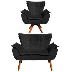 Kit Namoradeira 2 Lugares E 1 Poltrona Decorativa Giratória Madeira Opla Suede Preto - Ibiza
