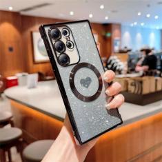 Capa macia transparente galvanizada para Samsung Galaxy S21 S22 Plus S23 Ultra S23FE capa magnética com brilho sem fio, preta, para Galaxy S21