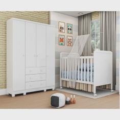 Conjunto para Quarto de Bebê com Berço Mini Cama Cloe e Guarda Roupa 4 Portas Uli
