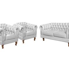 Conjunto Sofá Chesterfield 2 Lugares 2 Poltronas Dom Pedro Sintético Branco