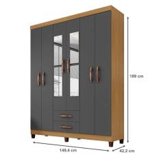 Guarda Roupa Casal Ambiente Mogi 6 Portas de Bater 2 Gavetas MDP Carvalho Americano Grafite