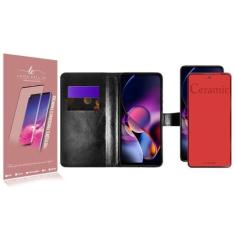 Capa Case Carteira material sintético Preto + Película Cerâmica Fosca 