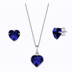 Colar Brinco Infantil Coração Zirconia Prata 925 azul claro - Lojas La