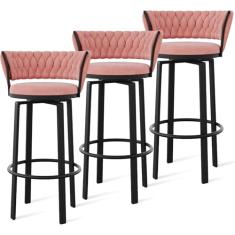 Conjunto de banquetas giratórias de 360° com altura de 1/2/3/4, banquetas de veludo com costas abertas e apoio para os pés dourado/preto, cadeiras de jantar para pub da ilha da cozinha, perna preta