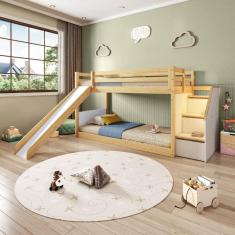 Beliche Infantil Montessori com Escada Lateral Garden Led Grade Proteção I e Escorregador Casatema Branco/Natural