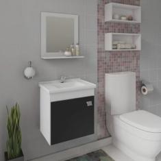 Gabinete Para Banheiro com Cuba e Espelheira 1 Porta 1 Prateleira Íris mgm Móveis Branco/Preto