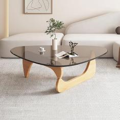 Mesa de centro triangular moderna, base de madeira maciça e detalhe superior de vidro temperado de 8 mm de espessura para sala de estar, escritório, hotel, pátio