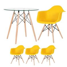 Loft7, Kit Mesa redonda de vidro Eames 80 cm + 3 cadeiras Eiffel Daw amarelo