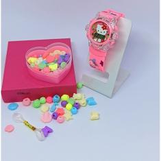 Relógio Infantil Menina Digital Pisca Luz Led Princesas Disney + Kit Miçangas para Montar Criar Pulseiras Colares Anel