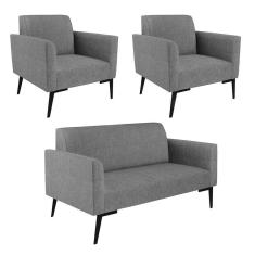 Sofá Namoradeira Com 2 Poltronas Pés Villach Marisa Linho Grafite A26 D03 - D`rossi